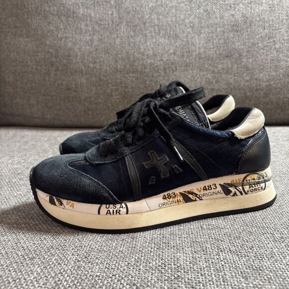 PREMIATA Conny Logo Patch Sneakers In Blue 483  Made In Italy SZ Euro 37/US 6.5 - Picture 2 of 10